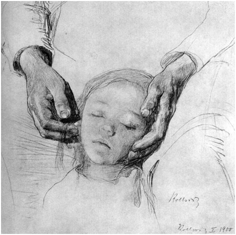 Käthe Kollwitz The baby's head on his mother's arms, 1900